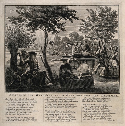 An autopsy on an investor in the Dutch speculation boom of 1720 reveals that he had died of an excess of air, representing lack of value in the shares. Etching, 1720.