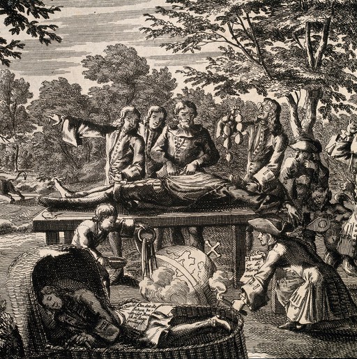 Bombario is anatomised in the open air in front of the devil, a monkey and other mythological and commercial figures; representing the ignominious end of the short-lived Dutch speculation boom of 1720. Etching, 1720.