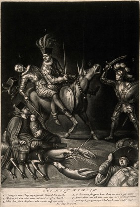 William of Orange attacks Louis XIV and James II, who are riding on an ass; Father Petre, confessor to the queen of England, rides on a lobster with the infant Old Pretender; Cardinal Faustenburg falls off a tortoise. Mezzotint by P. Schenck, c. 1689.