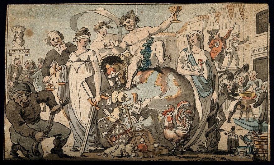 A drunken Bacchus cavorts atop the globe, accompanied by Fortune; to his right physicians and quacks fight for legitimacy; to his left the scales held by a blindfold Justice are tipped by a lawyer's money: an allegory of the world of justice and health overturned into one of chance and greed. Coloured etching by Daniël Veelwaard I after J. Smies, 1809.
