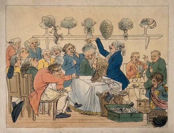In a crowded salon, a wigmaker fits wigs according to occupation; representing the character stereotyping of Gall's phrenology. Coloured etching by J.E. Marcus after J. Smies, c. 1810.