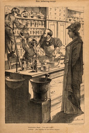 view The Dutch maid (De Nederlandse Maagd), personifying the Netherlands asks an apothecary whether a medicine might not be poisonous; symbolising doubts over a new Dutch tax law; he replies no, a babe-in-arms could take it. Process print after J. Braakensiek, 1890.