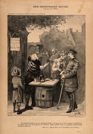 view An apothecary sells tablets to the King and Queen of the Netherlands the 'socialist epidemic' ostensibly sweeping through Europe. Reproduction of a lithograph by J. Braakensiek, 1890.