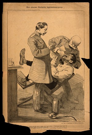 view A German military dentist pulls a tooth from an agonised soldier. Reproduction of a lithograph by J. Braakensiek, 1892.