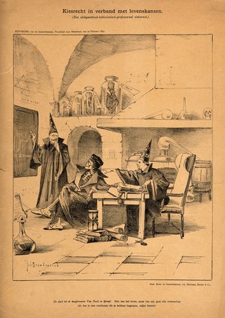 Professors C.B. Spruyt and Van Pesch are told by Death that all knowledge comes from him; referring to the change in electoral law concerning the minimum voting age. Reproduction of a lithograph by J. Braakensiek, 1893.