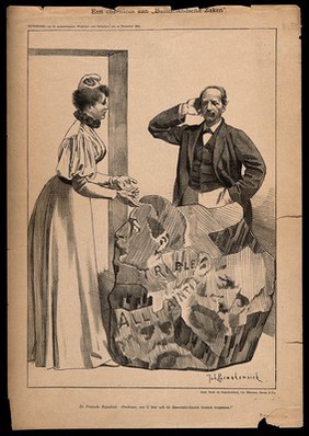 The female mascot of the French republic asks a chemist if he cannot dissociate the compacting of the Triple Alliance. Reproduction of a lithograph by J. Braakensiek, 1895.