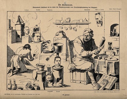 Theo Heemskerk as an alchemist trying in vain to distill a report from members of a commission set up to reform the constitution of the Netherlands. Line block after J. Braakensiek, 1912.