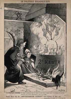 Drs. Hermanus Schaepman and Abraham Kuyper, shown as witches, stoke the fire of a cauldron from which emanate devils; symbolising their struggle to institute suffrage, against prevailing resistance in the Dutch second chamber. Reproduction of a lithograph after Van Geldorp, 1901.