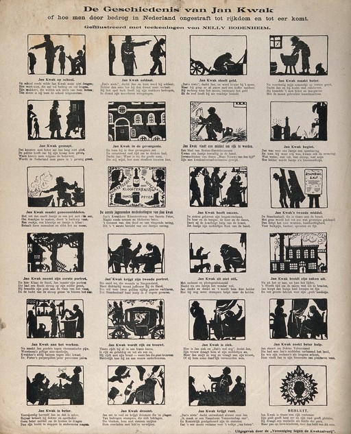 A life in 24 silhouettes of Jan Kwak, a successful quack-doctor. Reproduction of a wood engraving by N. Bodenheim, c. 1900.