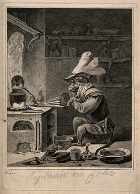 An monkey-alchemist pumps a bellows in a laboratory; alluding to the vanity of alchemy. Engraving by J.P. Le Bas after D. Teniers II.