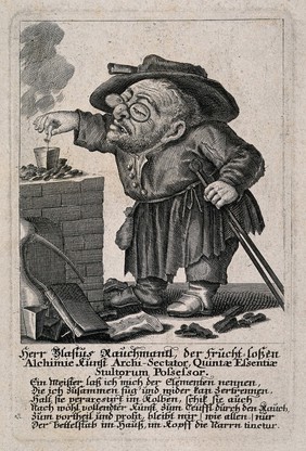 A dwarfish alchemist, caricatured because of the vanity of his obsession. Line engraving, c. 1720.