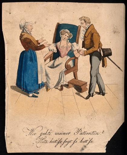 A doctor (Joseph Chelius) takes the pulse of a young woman who warms to his presence. Coloured etching, ca. 1831.