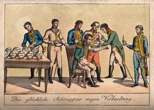 view One of a group of soldiers has his arm cupped; representing the political situation of France in relation to the German states. Coloured etching, 1820.