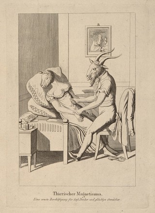 A goat-headed man caresses a sleeping ewe-headed woman; representing the notion of animal magnetism and its application by physicians. Etching after M. Voltz (?), 1815.