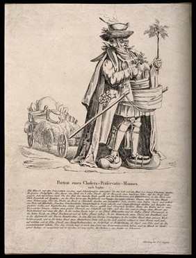 A man absurdly well-prepared for the cholera epidemic of 1832; satirizing the overabundance of questionable remedies and protections against cholera. Etching, c. 1832.