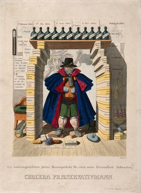 A man barricades himself in with a panoply of protections against the cholera epidemic, the latter represented as a hag; representing an overabundance of useless advice concerning protection against cholera. Coloured etching by J.B. Wunder, c. 1832.