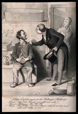 view A physician discovers that the patient to whom he has administered hydrotherapy has developed 'water on the brain'. Lithograph by Brandl, c. 1850.