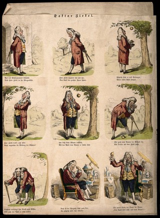 Doctor Zirkel follows Newton's famous steps under the fabled apple tree. Coloured wood engraving.
