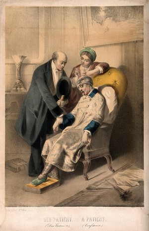 view A sick man projects his tongue while a doctor takes his pulse. Coloured lithograph.