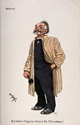 A seedy looking intern. Colour process print by C. Josef, c. 1930.