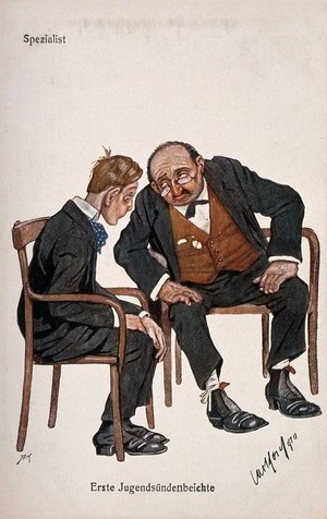 view A gaunt adolescent consults a weary specialist. Colour process print after C. Josef, c. 1930.