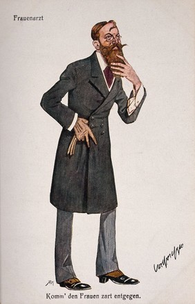 A gynaecologist strokes his long red beard. Colour process print by C. Josef, c. 1930.