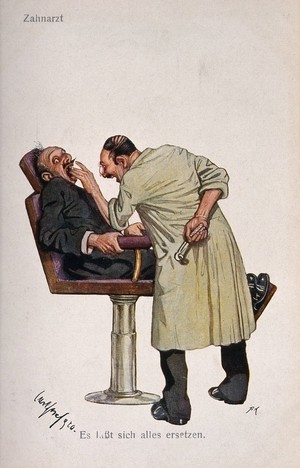 view A dentist reassures a terrified patient. Colour process print by C. Josef, c. 1930.