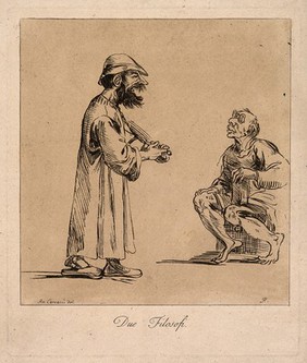 Two philosophers engaged in conversation. Etching by A. Pond, c. 1740, after A. Carracci.