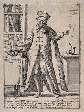 A learned physician with a library of Latin books writes a prescription but cannot save his patients from death. Etching by G.M. Mitelli, c. 1700.