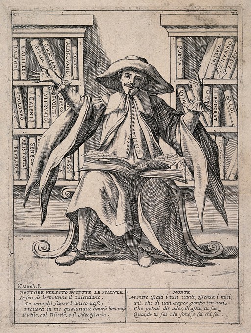 A 'Renaissance man' gestures coolly at all the knowledge that lies available to him. Etching by G.M. Mitelli, c. 1700.