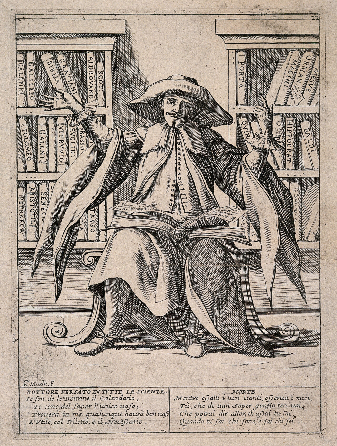 An omniscient virtuoso gestures boastfully at all the knowledge that lies available to him. Etching by G.M. Mitelli, c. 1700., by Giuseppe Maria Mitelli