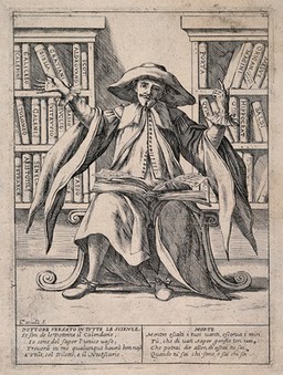 An omniscient virtuoso gestures boastfully at all the knowledge that lies available to him. Etching by G.M. Mitelli, c. 1700.