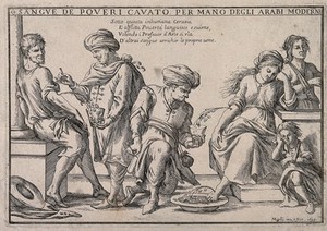 view Arabian doctors perform bleeding on poor Italian people; money jets out with the blood; signifying learned Arabs fleecing the poor. Etching by G.M. Mitelli after himself, 1699.