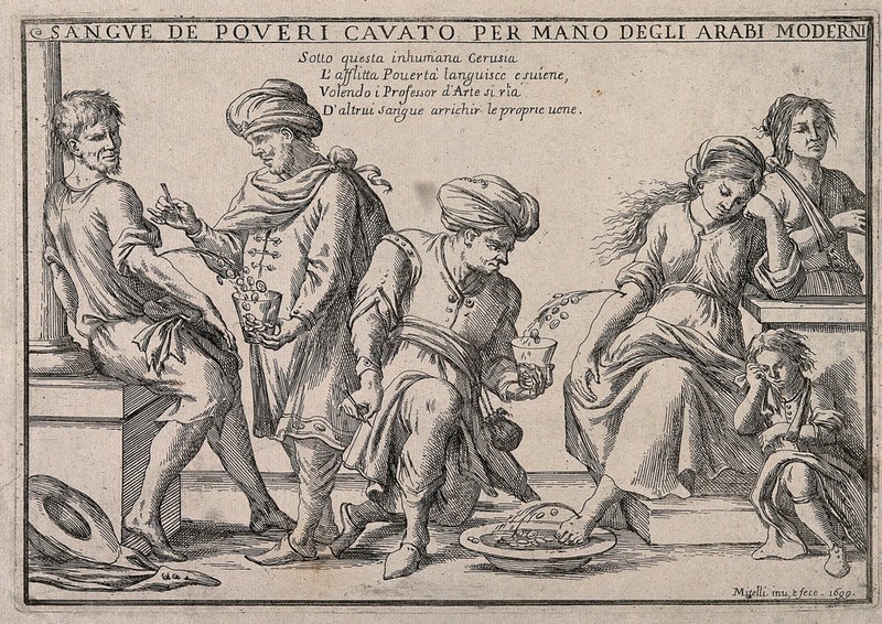 Arabian doctors perform bleeding on poor Italian people; money jets out with the blood; signifying learned Arabs fleecing the poor. Etching by G.M. Mitelli after himself, 1699., 1699, by Giuseppe Maria Mitelli