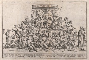 view A seething mass of people driven by a multitude of different wills; representing the levelling of life by death. Etching by G.M. Mitelli after himself, 1690.