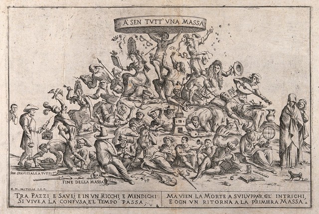 A seething mass of people driven by a multitude of different wills; representing the levelling of life by death. Etching by G.M. Mitelli after himself, 1690.