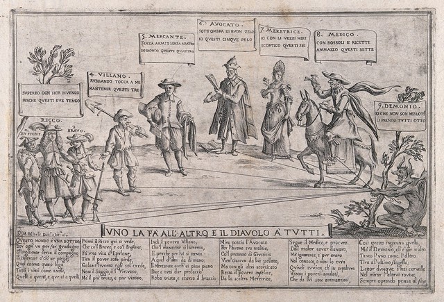 The Italian social fabric symbolised by a chain of social types, with all relations of dependence ultimately relating back to the devil. Etching by G.M. Mitelli, 1691.