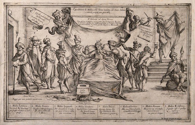 Physicians, representing the Holy League against the Turks, gather around the sick sultan; representing the Peace of Karlowitz. Etching by G.M. Mitelli, ca. 1700.