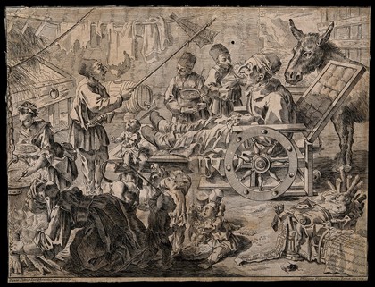 An old man in a wheelchair is fed by three boys; around him a family goes about its business. Etching by F. Vasconi after P.L. Ghezzi, 1719.