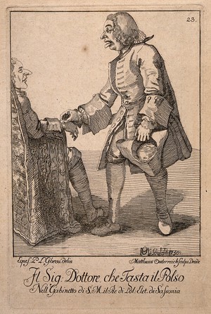 view A doctor takes the pulse of a patient. Etching by M. Österreich, 1750, after P.L. Ghezzi.