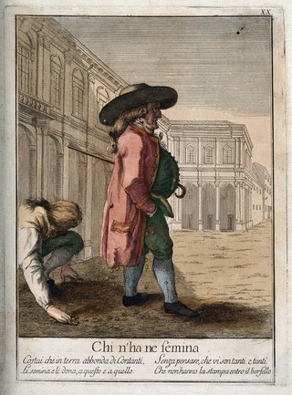 A man picks up the money spilling from a rich gentleman's pockets. Coloured etching after G. Piattoli (?), c. 1800.