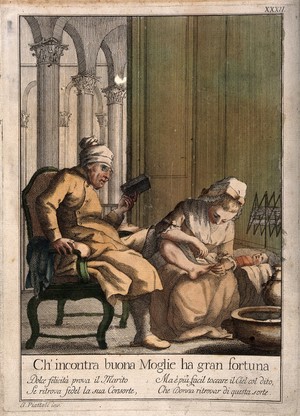 view A man reads a book while his wife cuts his toenails. Coloured etching after G. Piattoli, c. 1800.