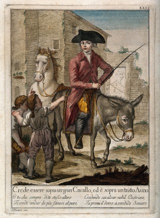 A man riding a donkey deludes himself into believing that he is on a splendid horse. Coloured etching by G. Piattoli, c. 1800.