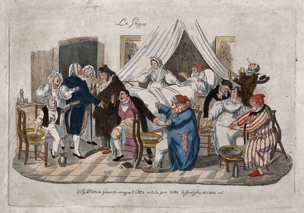 A family threatened by influenza is prepared for a large scale bloodletting. Coloured etching, 18--.