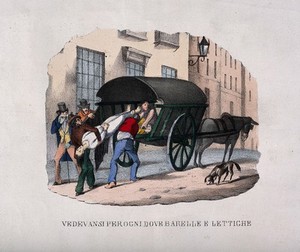 view A corpse is lifted from the back of a wagon during the 1832 cholera epidemic. Coloured lithograph, c. 1832.