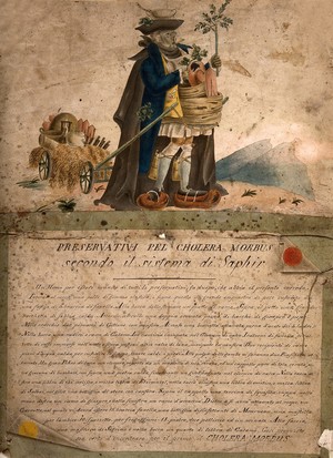 view A man absurdly well-prepared for the cholera epidemic of 1832; representing the overabundance of questionable remedies and protections against cholera. Watercolour, c. 1832.