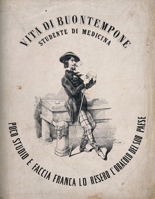 An Italian medical student leans casually against a billiard table, polishing his cue. Lithograph by the Perrotta brothers after Colomnca[?].