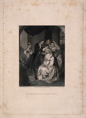 view A phrenologist at work on a girl, surrounded by members of her family. Engraving by C. Rolls after E. Sharpe, c. 1830.