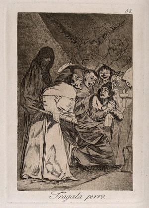 view Surrounded by ghoulish apparitions, a manic priest carries an enema towards a wretchedly praying man. Aquatint with etching by F. Goya, c. 1797.