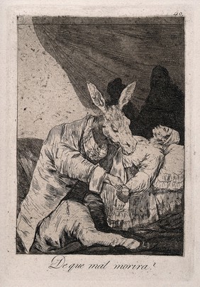 A donkey as a physician taking the pulse of a dying man. Aquatint with etching by F. Goya, ca. 1797.